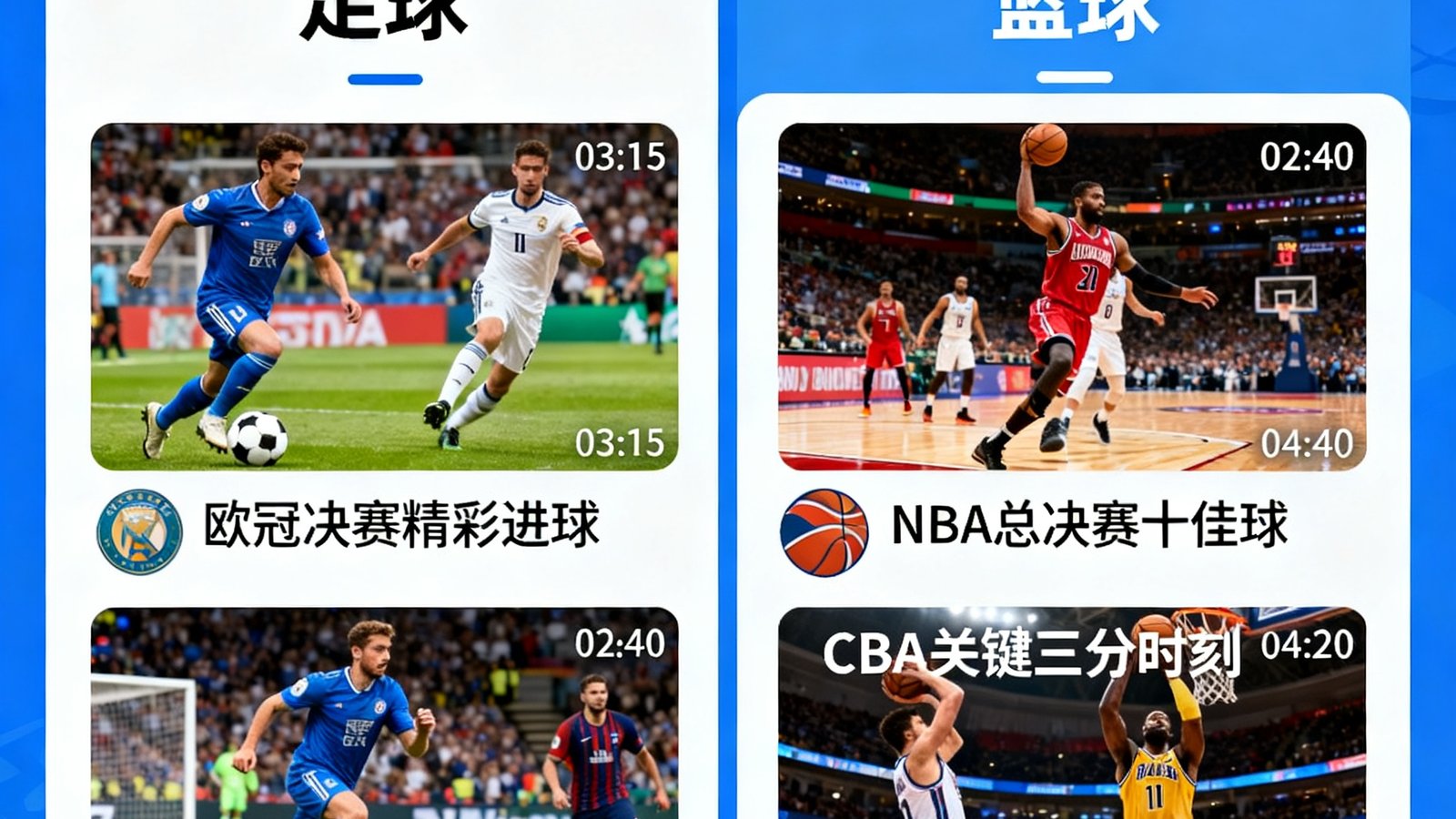 看球通视频集锦页面展示多场足球篮球精彩回放剪辑列表